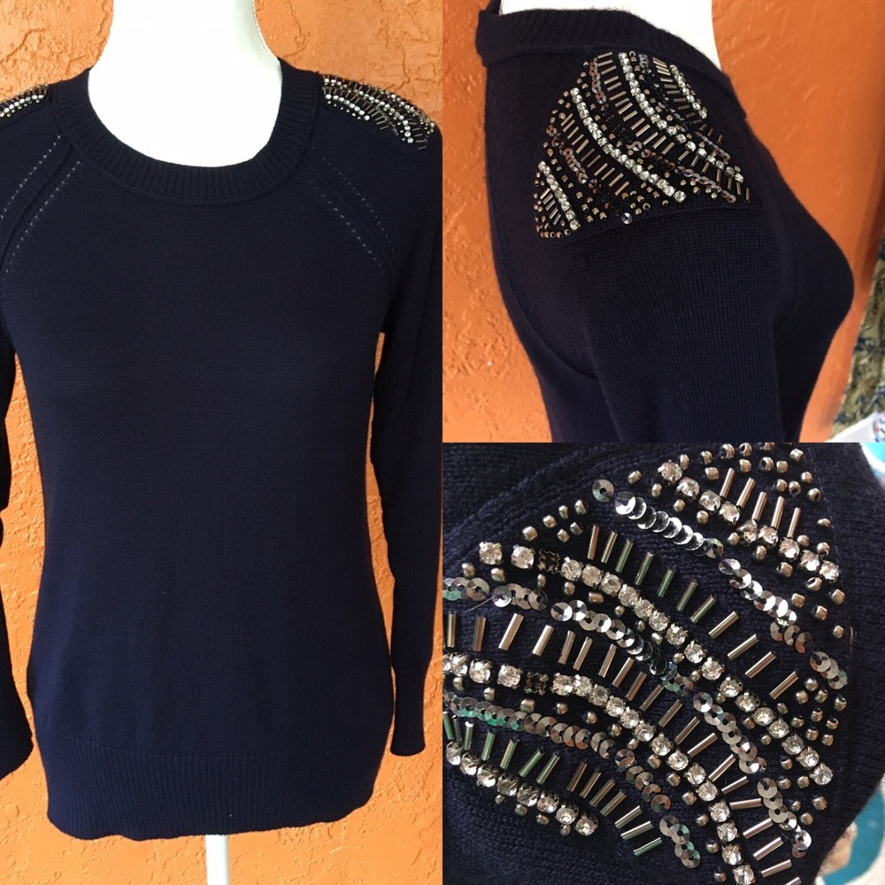Ann Taylor Loft Navy Sweater with Beaded Shoulders